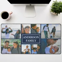 Family Name 8 Photo Collage Navy Blue Desk Mat