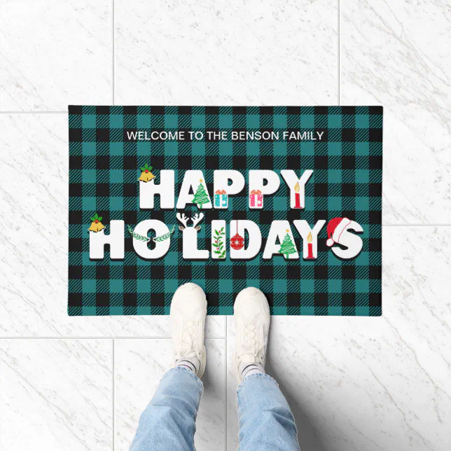 Happy Holidays Christmas Buffalo Check Plaids Teal Doormat