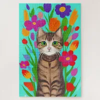 Cute Gray Cat with Colorful Flowers Jigsaw Puzzle