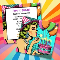 Retro Pop Art Woman Holding a Cake Birthday Party Invitation