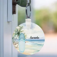 Surboard beach palm trees keychain