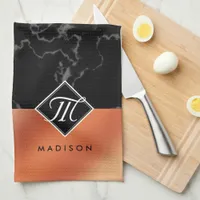 Elegant Black Marble & Bronze Foil Monogram Kitchen Towel