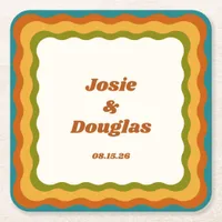 Wavy Border Retro 70s Vintage Aesthetic Wedding  Square Paper Coaster
