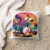 Octopus Playing Drums by the Beach at Sunset Throw Pillow