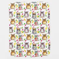 Colorful Woodland Owls and Leaves Watercolor Baby Blanket