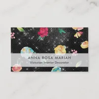 *~* Modern Vintage Floral - Pattern Silver Glitter Business Card