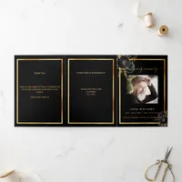 Black floral gold photo tri-fold funeral program