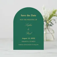 Hunter Green Golden Beige Script Arch Save The Date