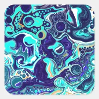  Blue Teal Ocean Swirls Fluid Art Square Sticker