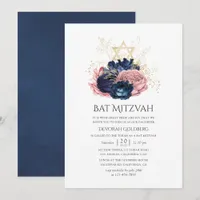 Navy Blue and Blush Pink Vintage Roses Bat Mitzvah Invitation