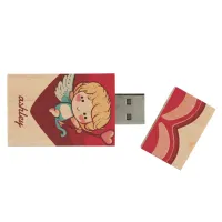 Cupid on Red Heart with Pink Arrow Head Wood Flash Drive