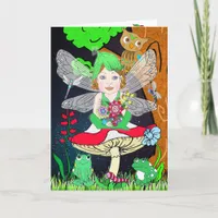 Whimsical Fairy Elf on Magic Mushroom Birthday Card