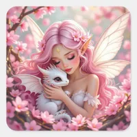 Pretty Pink Elven Fairy & Dragon  Square Sticker