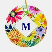 Watercolor Flowers Monogrammed  Ceramic Ornament