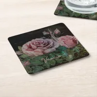 Pink Floral Black Square Paper Coaster