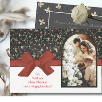 Festive Red Bow & Floral Flat Holiday Card