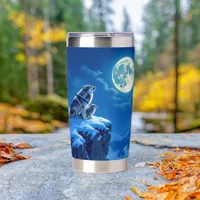 Wolf and Baby Cub Howling at Full Moon Insulated Tumbler
