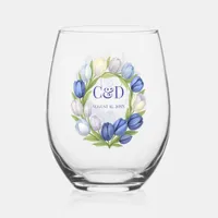 Elegant Watercolor Tulip Wreath Wedding Blue Ivory Stemless Wine Glass