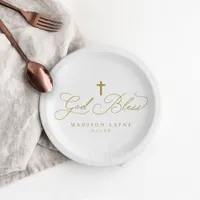 Baptism First Communion Gold God Bless Cross Paper Plates