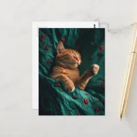 Sleepy Ginger Kitty Under the Blankets Postcard