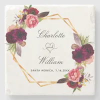 Wedding save the date floral geometric burgundy stone coaster