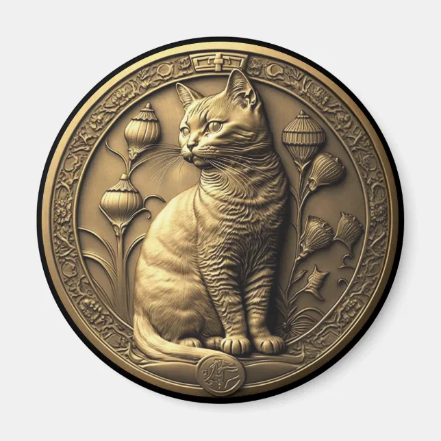 Gold Sitting Cat Medallion Magnet