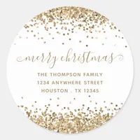 Gold Glitter Merry Christmas Name Return Address Classic Round Sticker