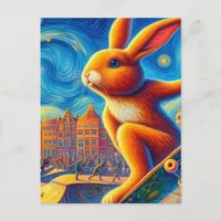 Skateboarding Brown Bunny Surreal Colorful and Fun Postcard