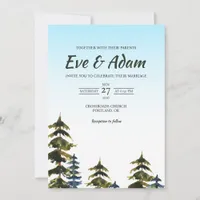 Forest Pine Blue Sky Watercolor Winter Wedding Invitation