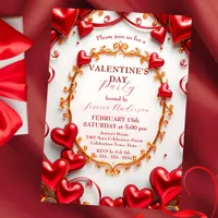 Red Hearts and Golden Swirls Valentine's Day Party Invitation