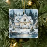 Pretty Festive House on a Frozen Lake Christmas Ceramic Ornament