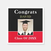 Congrats Grad Name Photo Black Red Gold Informal Napkins