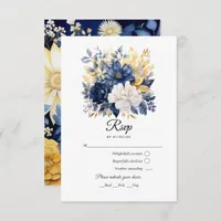 Navy, White and Gold Floral Wedding RSVP Card