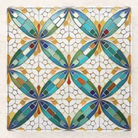 Geometric Mosaic Tile Pattern#5 Teal  White ID1078 Glass Coaster