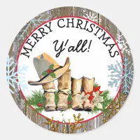 Merry Christmas Y'all Country and Western Rustic Classic Round Sticker