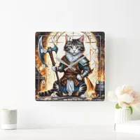 Brave Cat Warrior in Medieval Armor Square Wall Clock