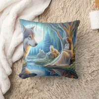 Native Woman by Wolf by Water Throw Pillow