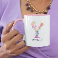 Pink Floral Letter Y Initial Monogram and Name Two-Tone Coffee Mug