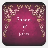 Rustic Regal Ornamental Fuchsia And Gold Wedding Square Sticker