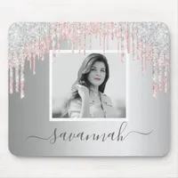 Silver blush glitter drips photo mouse pad