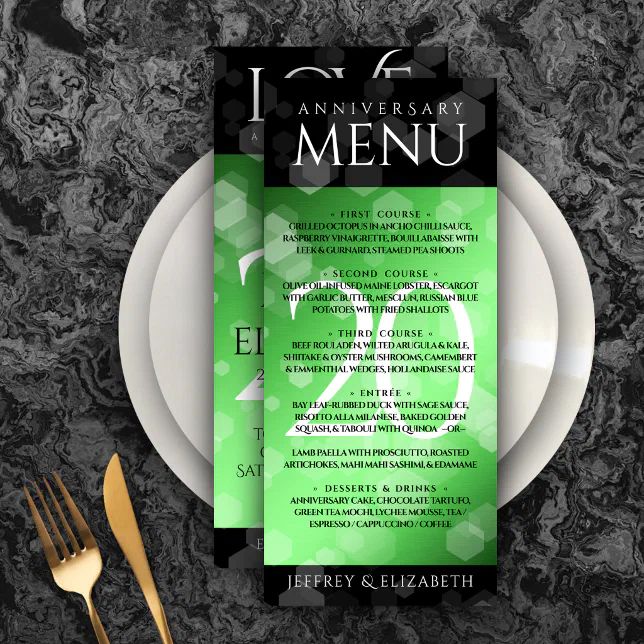 Elegant 20th Emerald Wedding Anniversary Menu