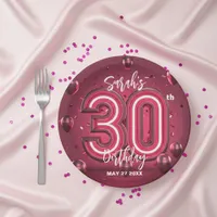 Trendy Chic Glam Metallic Neon Pink 30th Birthday Paper Plates
