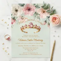 Watercolor Pink Floral Gold Tiara Quinceañera Invitation