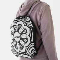 Crisp Black and White Abstract Drawstring Bag