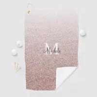 Girly Rose Gold Pink Glitter Monogram Script Golf Towel