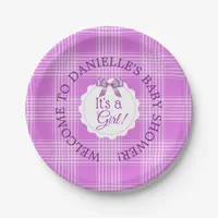 Personalized Baby Shower Purple Plaid Paper Plates