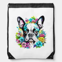 Ai Boston Terrier surrounded by Flowers Drawstring Bag