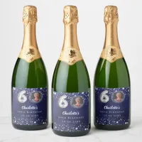 60th birthday navy blue silver stars photo sparkling wine label