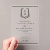 Elegant Floral Monogram Crest Wedding Acrylic Invitations