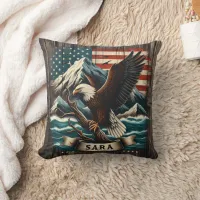 Eagle on Branch With Mountains and Flag Throw Pillow